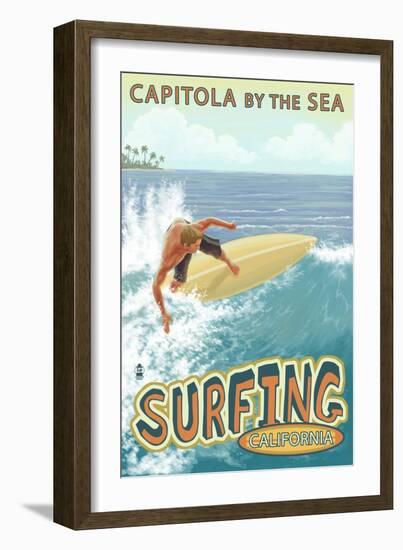 Capitola, California - Capitola by the Sea Surfer Scene-Lantern Press-Framed Art Print