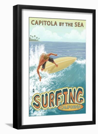 Capitola, California - Capitola by the Sea Surfer Scene-Lantern Press-Framed Art Print