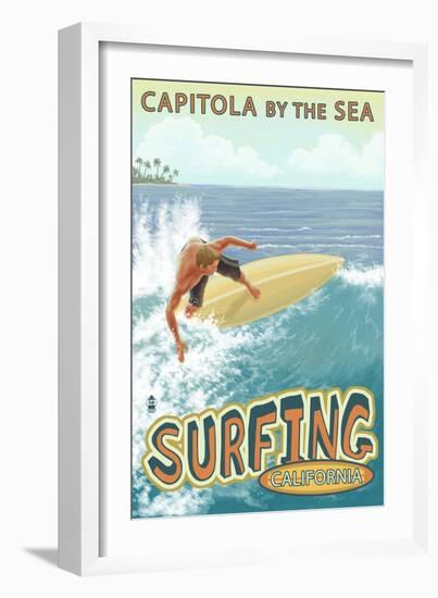 Capitola, California - Capitola by the Sea Surfer Scene-Lantern Press-Framed Art Print