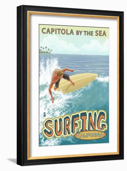Capitola, California - Capitola by the Sea Surfer Scene-Lantern Press-Framed Art Print