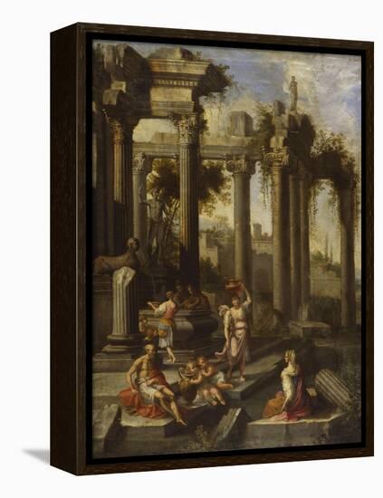 Capricci of Classical Ruins with Water Carriers, Philosophers and Noblemen (Left Panel)-Giovanni Ghisolfi (Circle of)-Framed Premier Image Canvas