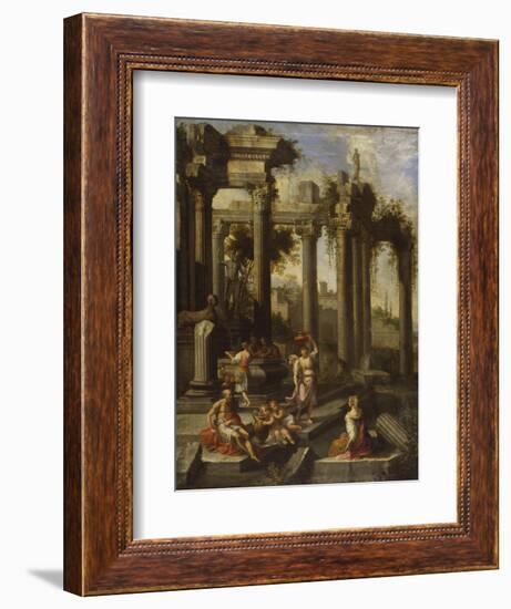 Capricci of Classical Ruins with Water Carriers, Philosophers and Noblemen (Left Panel)-Giovanni Ghisolfi (Circle of)-Framed Giclee Print