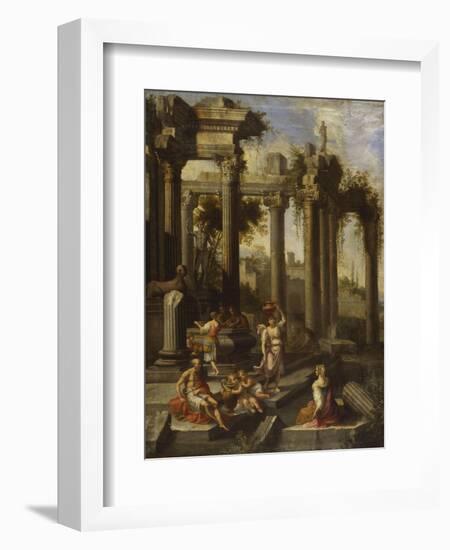 Capricci of Classical Ruins with Water Carriers, Philosophers and Noblemen (Left Panel)-Giovanni Ghisolfi (Circle of)-Framed Giclee Print