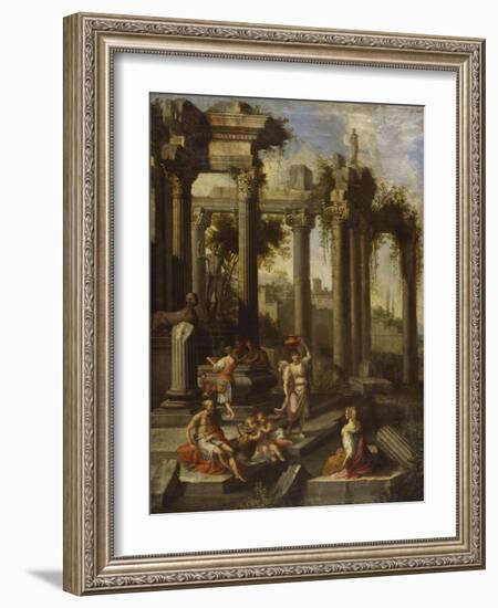 Capricci of Classical Ruins with Water Carriers, Philosophers and Noblemen (Left Panel)-Giovanni Ghisolfi (Circle of)-Framed Giclee Print