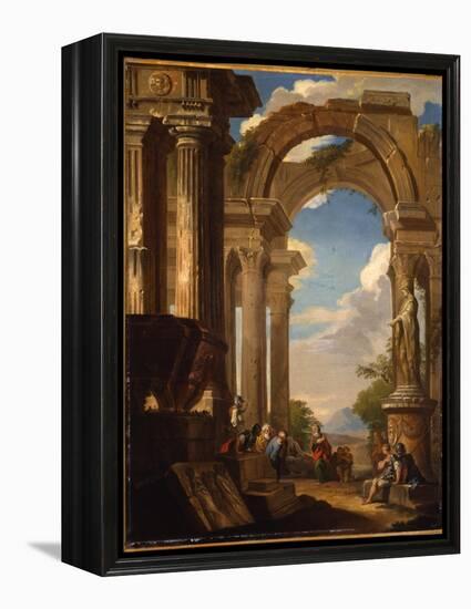 Capricci of Roman Ruins with Figures-Giovanni Paolo Pannini-Framed Premier Image Canvas