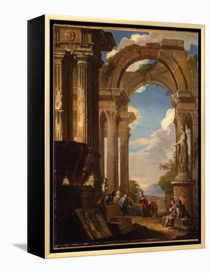 Capricci of Roman Ruins with Figures-Giovanni Paolo Pannini-Framed Premier Image Canvas