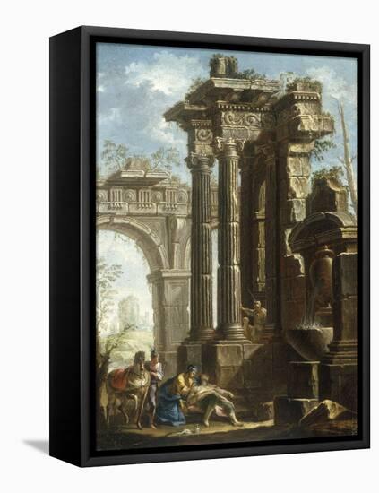 Capriccio of Classical Ruins with the Death of St Francis Xavier-Gian Paolo Panini-Framed Premier Image Canvas