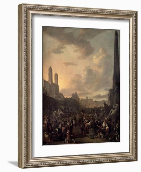 Capriccio View of Rome with a Market by Bernini's Four Rivers Fountain, Santa Trinita Dei Monti-Johannes Lingelbach-Framed Giclee Print