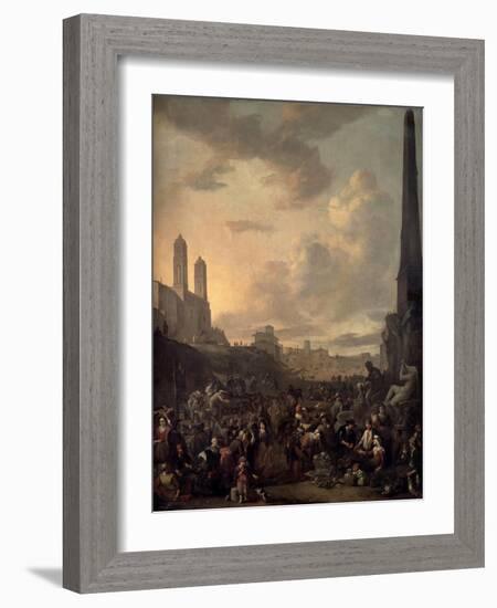 Capriccio View of Rome with a Market by Bernini's Four Rivers Fountain, Santa Trinita Dei Monti-Johannes Lingelbach-Framed Giclee Print