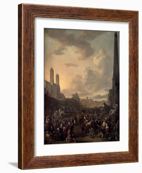 Capriccio View of Rome with a Market by Bernini's Four Rivers Fountain, Santa Trinita Dei Monti-Johannes Lingelbach-Framed Giclee Print