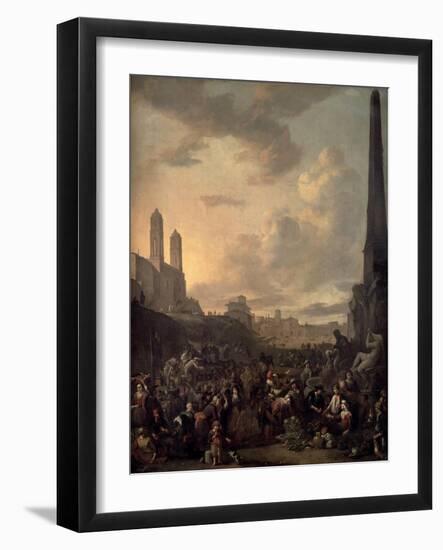 Capriccio View of Rome with a Market by Bernini's Four Rivers Fountain, Santa Trinita Dei Monti-Johannes Lingelbach-Framed Giclee Print