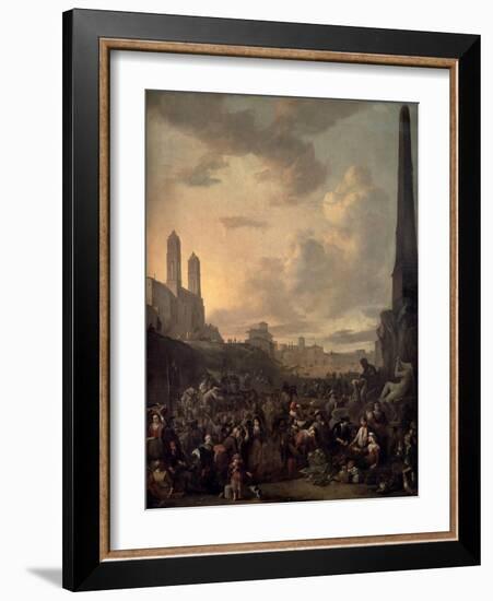 Capriccio View of Rome with a Market by Bernini's Four Rivers Fountain, Santa Trinita Dei Monti-Johannes Lingelbach-Framed Giclee Print