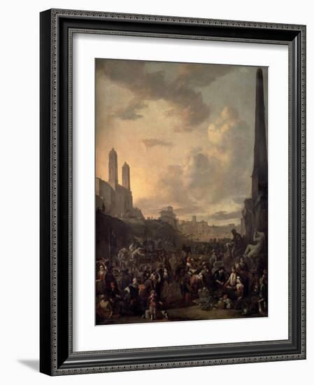 Capriccio View of Rome with a Market by Bernini's Four Rivers Fountain, Santa Trinita Dei Monti-Johannes Lingelbach-Framed Giclee Print