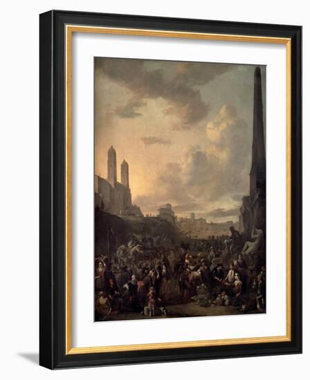 Capriccio View of Rome with a Market by Bernini's Four Rivers Fountain, Santa Trinita Dei Monti-Johannes Lingelbach-Framed Giclee Print