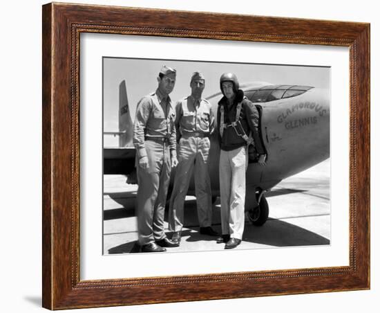 Capt. Charles Yeager, Major Gus Lundquist and Capt. James Fitzgerald Standing in Front of Bell X-1-null-Framed Photographic Print