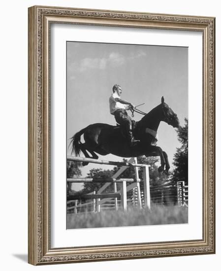 Capt. Theodore Galiza, Russian Riding Master, Taking Triple Bars, Horse Show Organized-Alfred Eisenstaedt-Framed Photographic Print