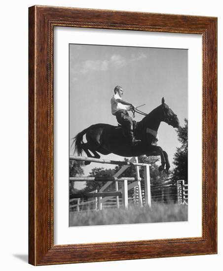 Capt. Theodore Galiza, Russian Riding Master, Taking Triple Bars, Horse Show Organized-Alfred Eisenstaedt-Framed Photographic Print