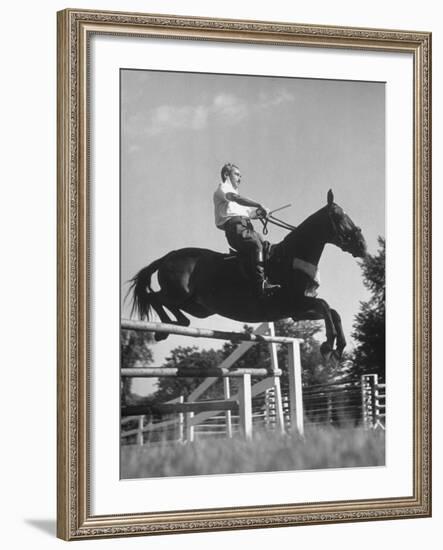 Capt. Theodore Galiza, Russian Riding Master, Taking Triple Bars, Horse Show Organized-Alfred Eisenstaedt-Framed Photographic Print