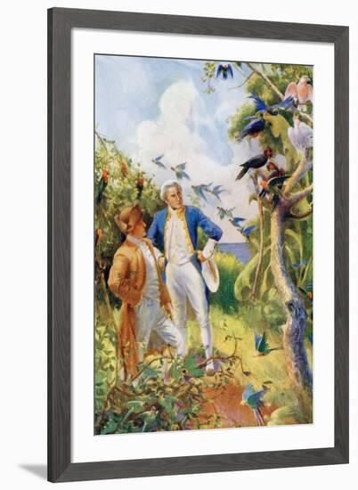 Captain James Cook and Botanist Joseph Banks Examining the Wild Life and Flora in Botany Bay-null-Framed Giclee Print