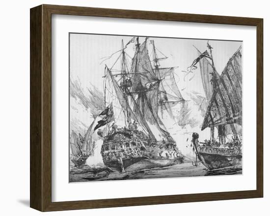 Captain Keigwin in the Revenge, Beating Off Sevagees Fleet, 1884-null-Framed Giclee Print