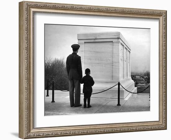 Captain Roger D. Reid Visiting the Unknown Soldier's Tomb with His Son-George Strock-Framed Photographic Print