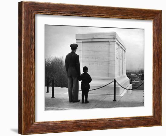 Captain Roger D. Reid Visiting the Unknown Soldier's Tomb with His Son-George Strock-Framed Photographic Print