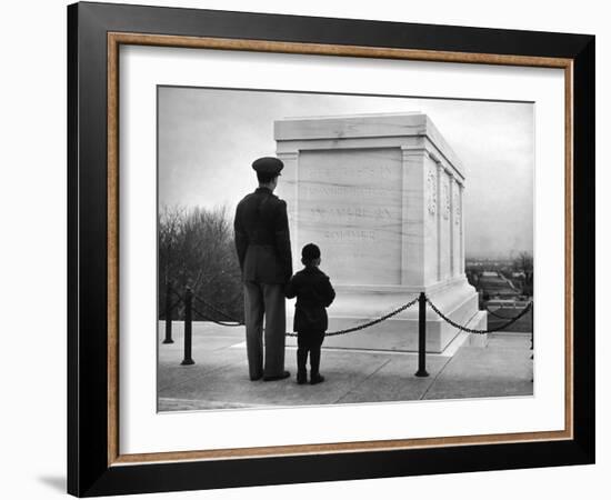 Captain Roger D. Reid Visiting the Unknown Soldier's Tomb with His Son-George Strock-Framed Photographic Print