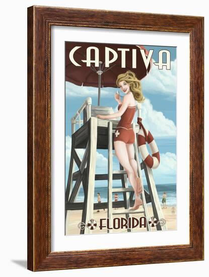 Captiva, Florida - Lifeguard Pinup Girl-Lantern Press-Framed Art Print