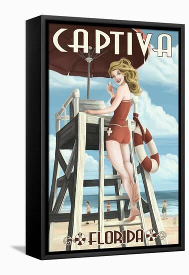 Captiva, Florida - Lifeguard Pinup Girl-Lantern Press-Framed Stretched Canvas