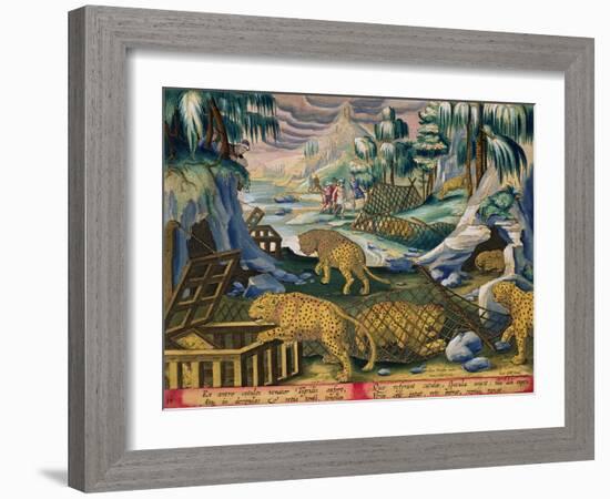 Capturing Leopards, Plate 15 from Venationes Ferarum, Avium, Piscium-Jan van der Straet-Framed Giclee Print