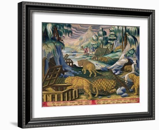 Capturing Leopards, Plate 15 from Venationes Ferarum, Avium, Piscium-Jan van der Straet-Framed Giclee Print