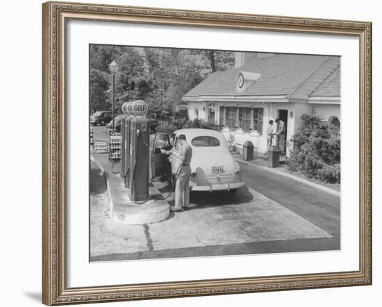 Car Being Filled Up at a Gulf Filling Station Along Merritt Parkway-Bernard Hoffman-Framed Premium Photographic Print