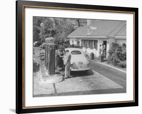 Car Being Filled Up at a Gulf Filling Station Along Merritt Parkway-Bernard Hoffman-Framed Premium Photographic Print