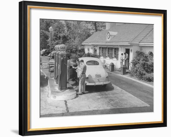 Car Being Filled Up at a Gulf Filling Station Along Merritt Parkway-Bernard Hoffman-Framed Premium Photographic Print