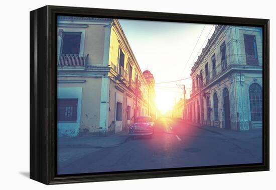 Car Drive in Havana Street, Faded and Filtered Vintage Photo Effect-Marcin Jucha-Framed Premier Image Canvas