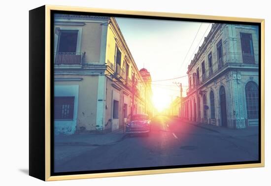 Car Drive in Havana Street, Faded and Filtered Vintage Photo Effect-Marcin Jucha-Framed Premier Image Canvas