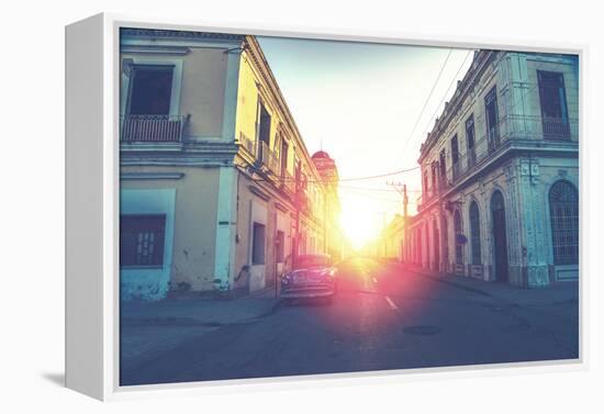 Car Drive in Havana Street, Faded and Filtered Vintage Photo Effect-Marcin Jucha-Framed Premier Image Canvas