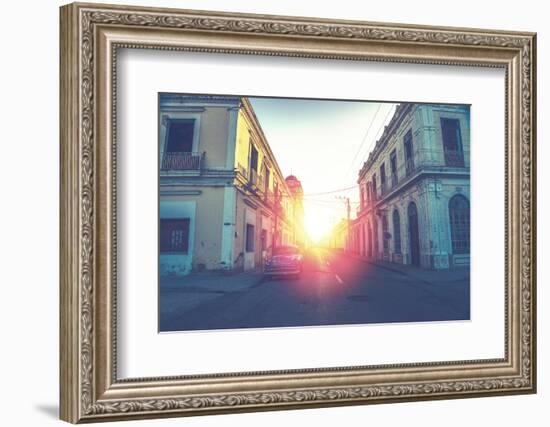 Car Drive in Havana Street, Faded and Filtered Vintage Photo Effect-Marcin Jucha-Framed Photographic Print