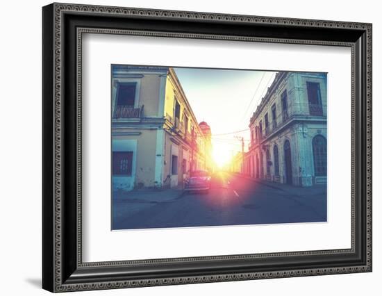 Car Drive in Havana Street, Faded and Filtered Vintage Photo Effect-Marcin Jucha-Framed Photographic Print