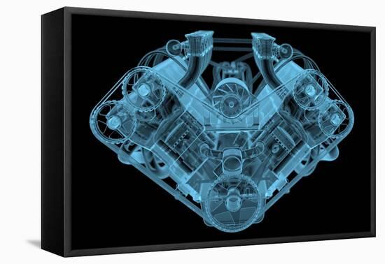 Car Engine X-Ray Blue Transparent Isolated on Black-sauliusl-Framed Stretched Canvas