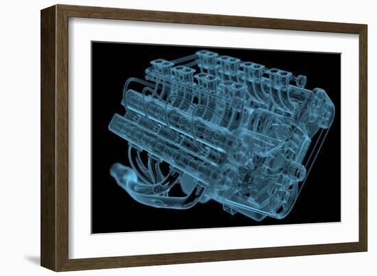 Car Engine X-Ray Blue Transparent Isolated on Black-sauliusl-Framed Art Print