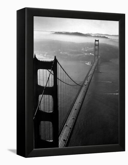 Car Lanes across the Golden Gate Bridge with Fog-Covered City of San Francisco in Background-Margaret Bourke-White-Framed Premier Image Canvas