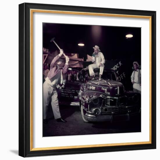 Car Smash Fundraiser with College Men Sledge Hammering a Car for Charity, USA 1954-Nina Leen-Framed Photographic Print