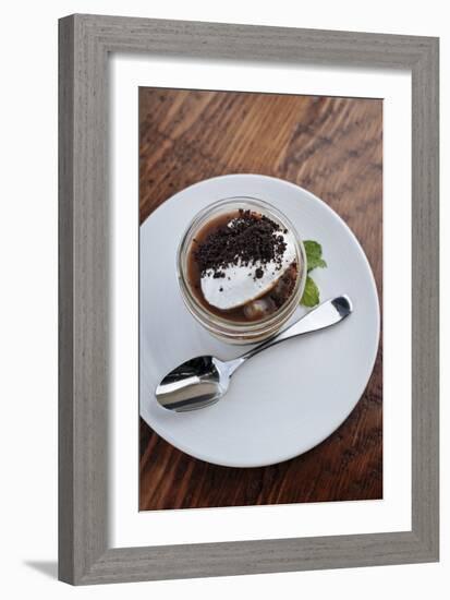 Caramel Panna Cotta With Cream, Served In A Small Mason Jar Garnished With Mint-Shea Evans-Framed Photographic Print