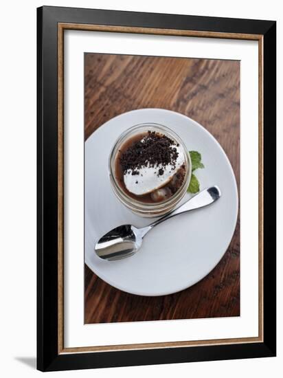 Caramel Panna Cotta With Cream, Served In A Small Mason Jar Garnished With Mint-Shea Evans-Framed Photographic Print