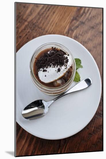 Caramel Panna Cotta With Cream, Served In A Small Mason Jar Garnished With Mint-Shea Evans-Mounted Photographic Print