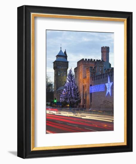 Cardiff Castle with Christmas Lights and Traffic Light Trails, Cardiff, South Wales, Wales, United -Billy Stock-Framed Photographic Print