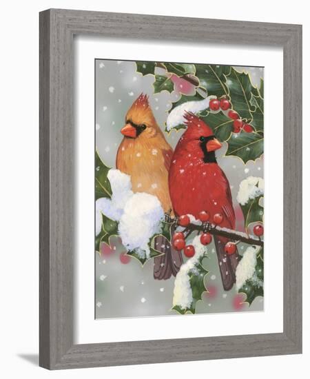 Cardinal Couple with Holly-William Vanderdasson-Framed Giclee Print