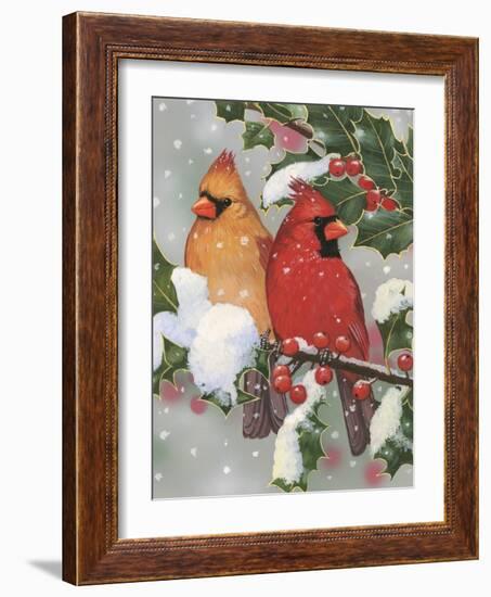 Cardinal Couple with Holly-William Vanderdasson-Framed Giclee Print