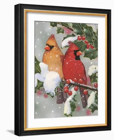 Cardinal Couple with Holly-William Vanderdasson-Framed Giclee Print